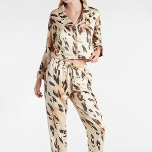 Express Satin Long Pants Pajama Set Leopard Beige Cream Tan Shirt